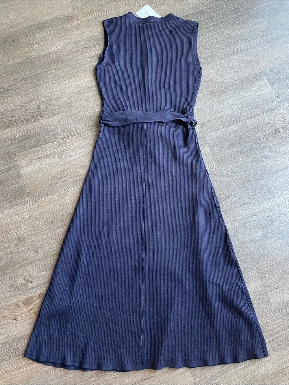 Lucky Brand Ribbed Knit Midi Dress XS Navy Gold Button Nautical Tie Belt NWT